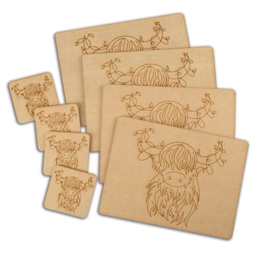 Pack of 4 coasters and placemats - Christmas Highland cow design